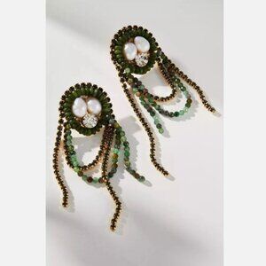 NWT Anthropologie Sunset Beaded Looped Drop Earrings Olive Green